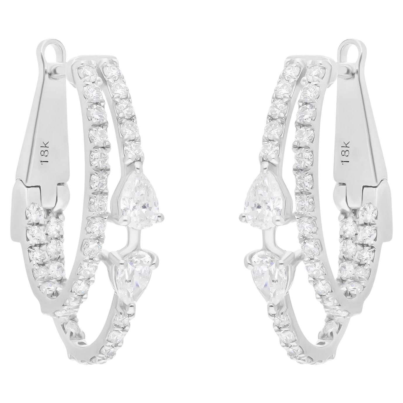 SI Clarity HI Color Pear Round Diamond Hoop Earrings 14 Karat White Gold Jewelry