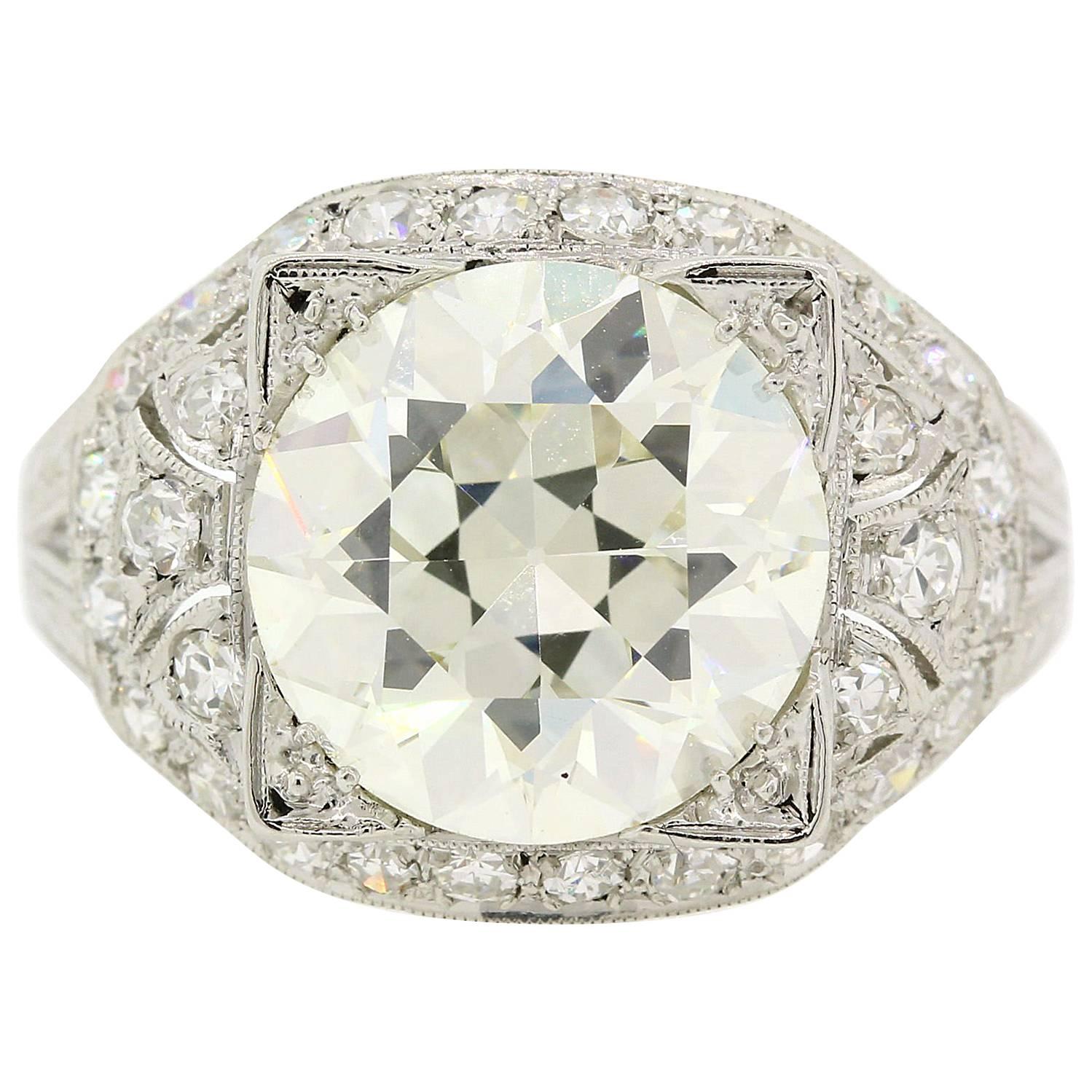 Art Deco E.G.L. Certified 4.55 carats Old European Cut Diamond Platinum Ring