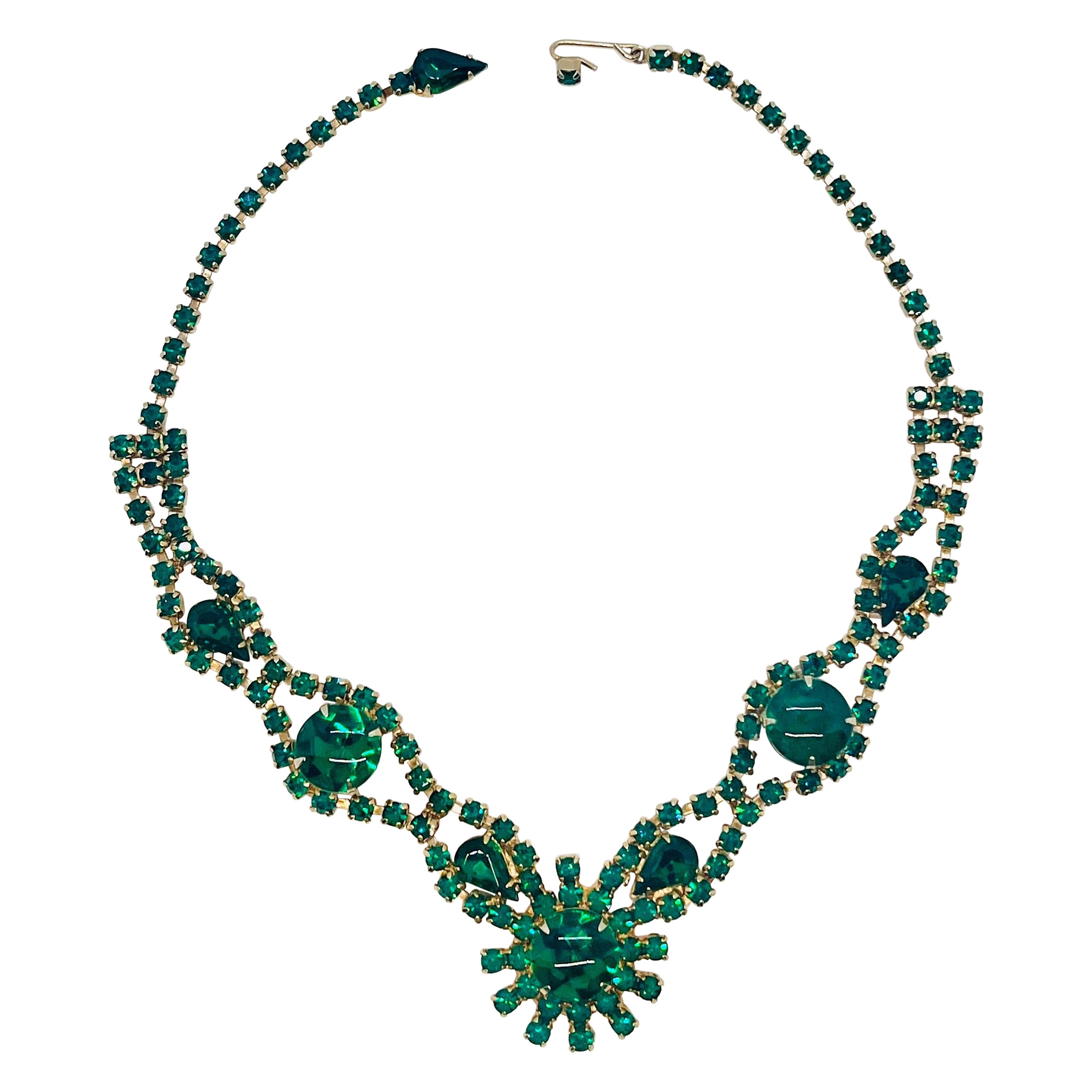 Dark Emerald Green Rhinestone Floral Motif Midcentury Collar Necklace