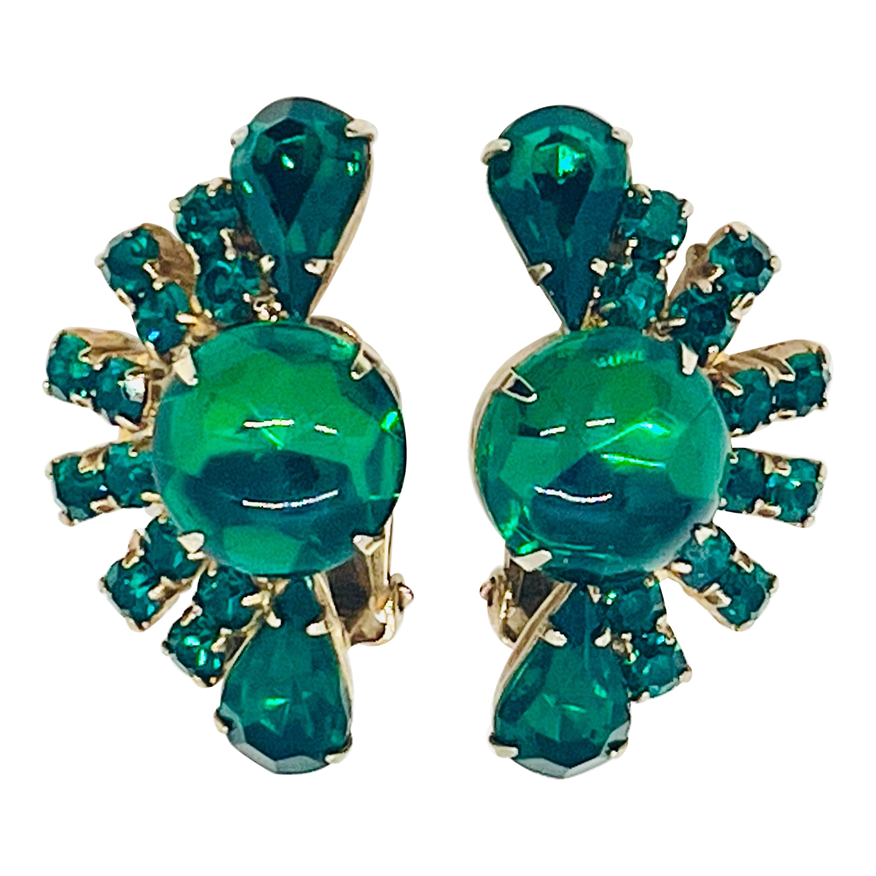 Midcentury Dark Emerald Green Crystal Rhinestone Fan-Shape Clip Earrings