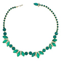 Emerald Marquise Tigertooth Setting Crystal Rhinestone Necklace, 1950s