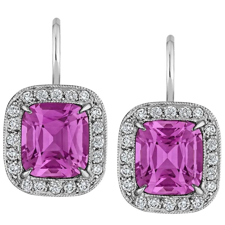 Natural Pink Cushion Cut Sapphire Diamond Earrings For Sale