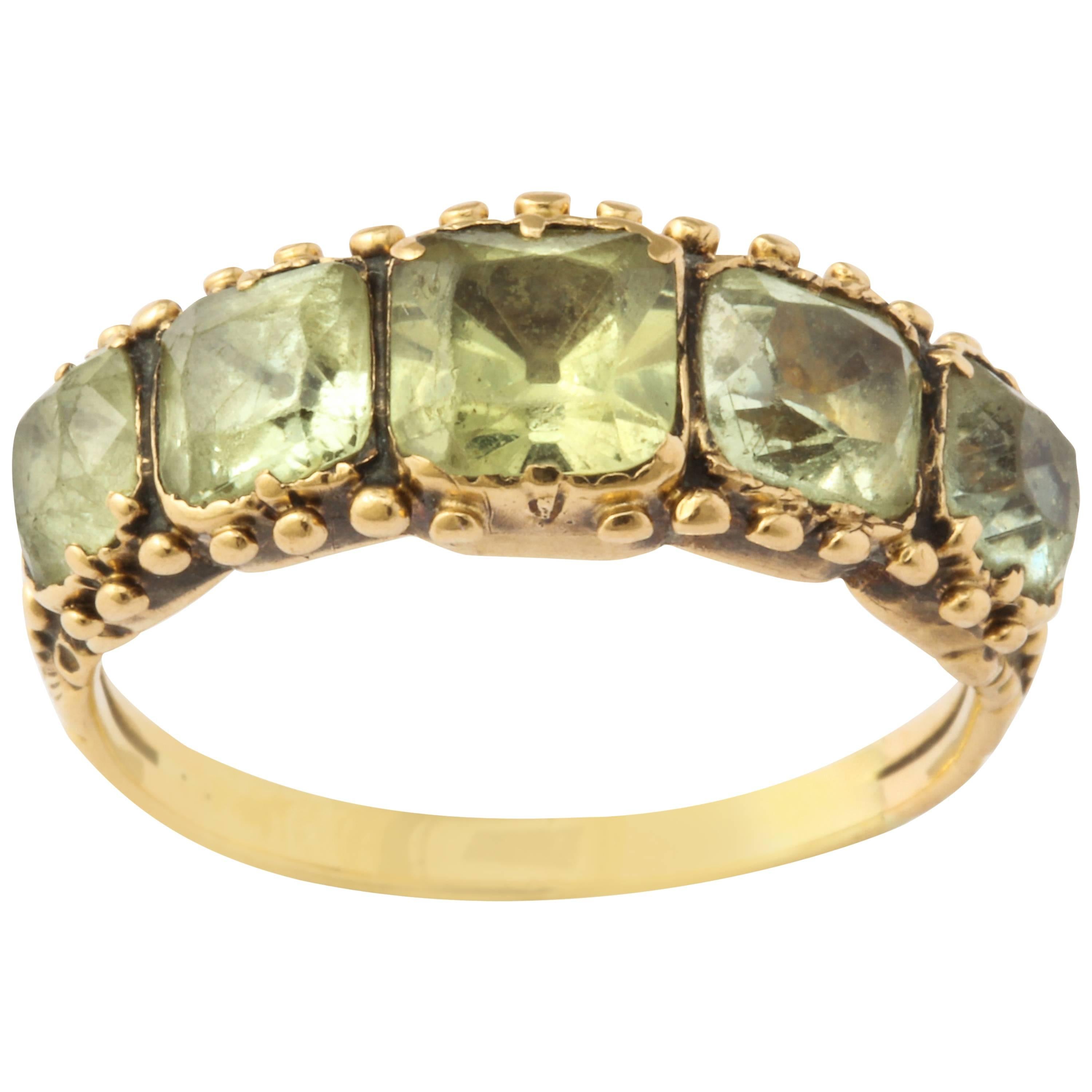 Five Square Cut Chrysolite Gold Band Ring 