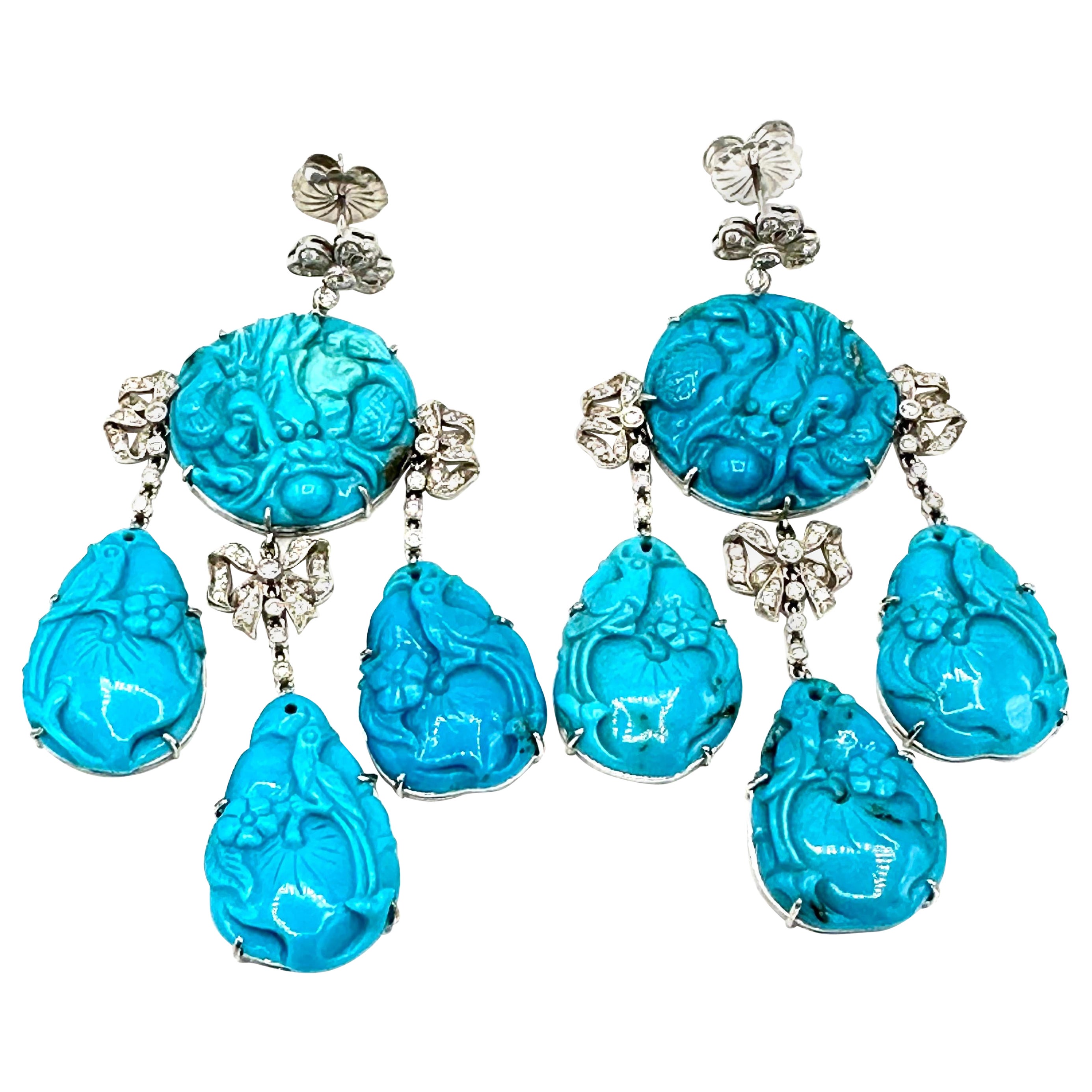 Fred Leighton 1.62 Carats Round Diamonds and Carved Turquoise Dangle Earrings