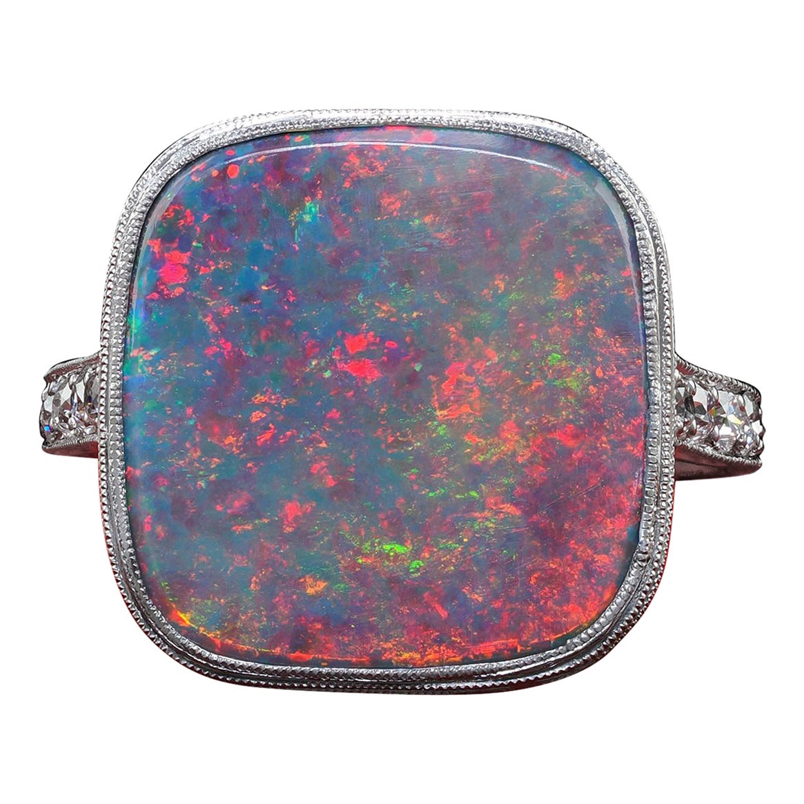 Antique Art Deco Platinum J. E. Caldwell Natural Black Opal and Diamond Ring