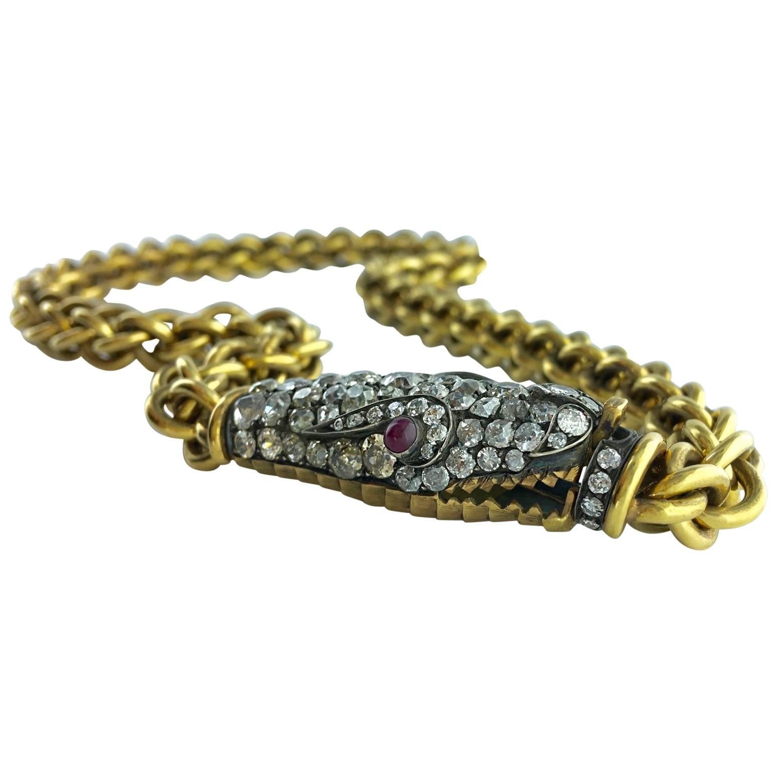 Ourobos Snake Diamond Ruby Gold and Silver Necklace