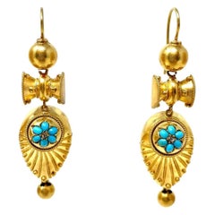 Antique 19th Century 15 Carat Gold Etruscan Revival Persian Turquoise Earrings