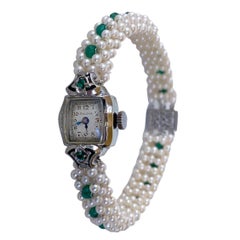 Marina J. Orologio vintage incrostato di smeraldi con perle e oro bianco 14k