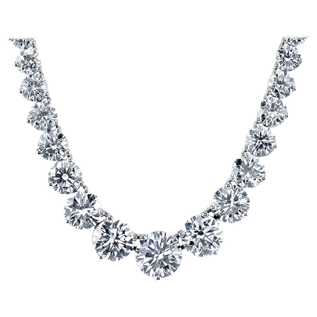 14K White Gold 20.85 CTW Riviera Three Prong Graduating Diamond Tennis Necklace