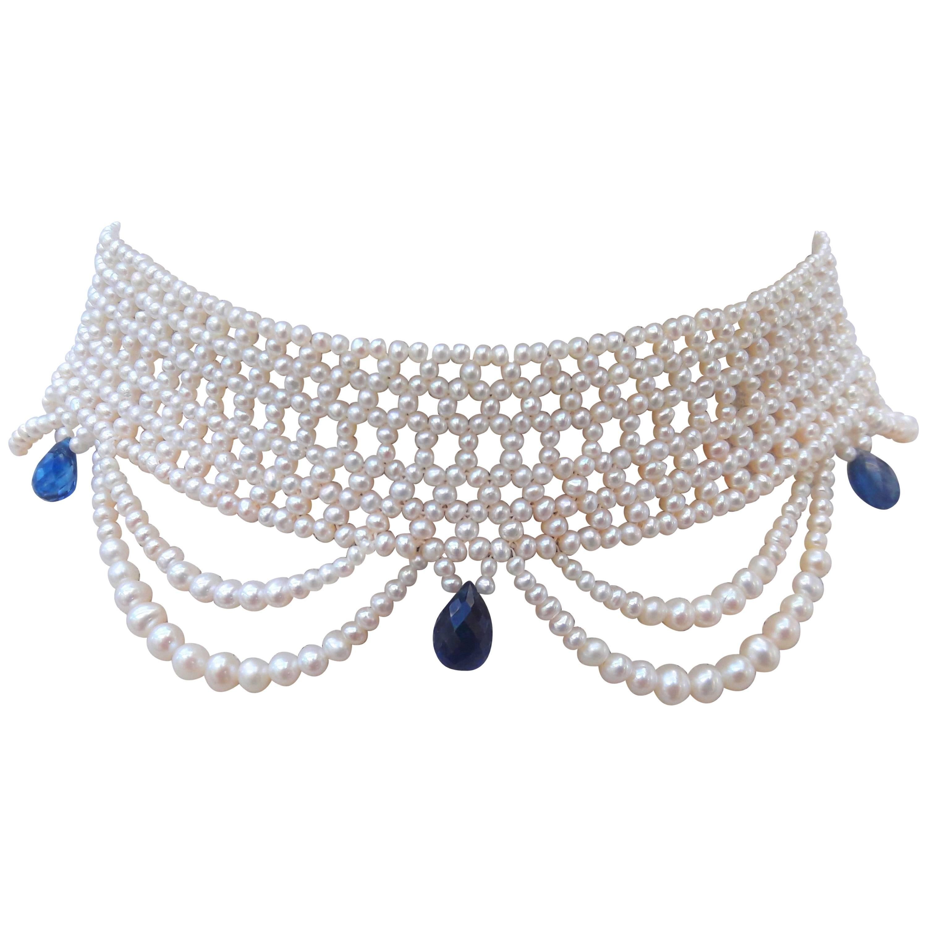 Marina J Woven Pearl Draped Choker Necklace with Kyanite Briolets 