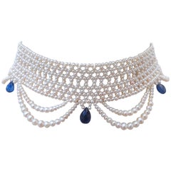 Marina J Woven Pearl Draped Choker Necklace with Kyanite Briolets