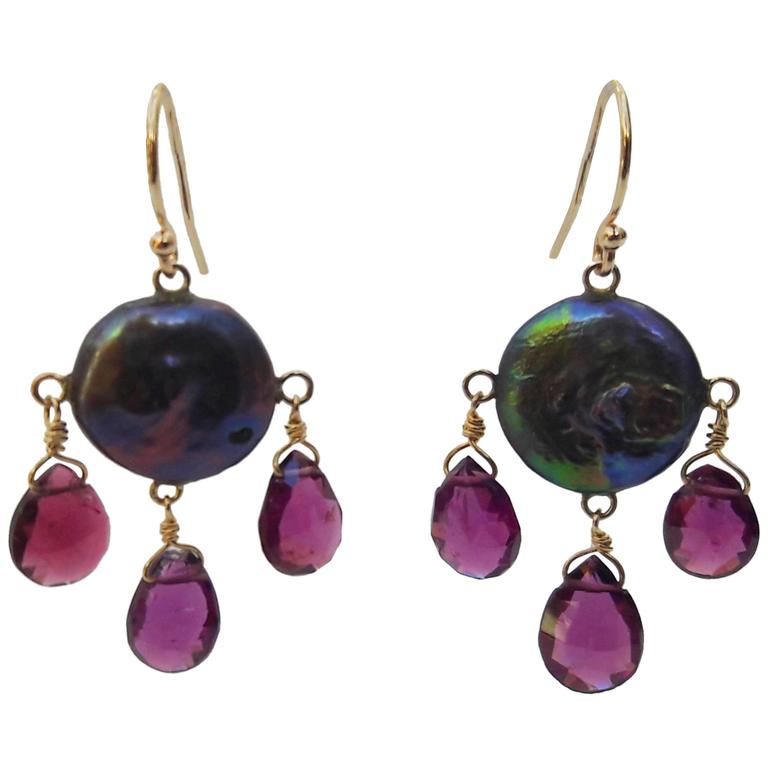 Black Pearl And Pink Tourmaline Earrings With 14k Yellow Gold Hook Black Pearl And Pink Tourmaline Earrings With 14k Yellow Gold Hook For