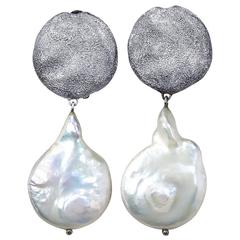 Pearl Silver Platinum Textured Drop Dangle Earrings Ltd Ed Handmade in NYC