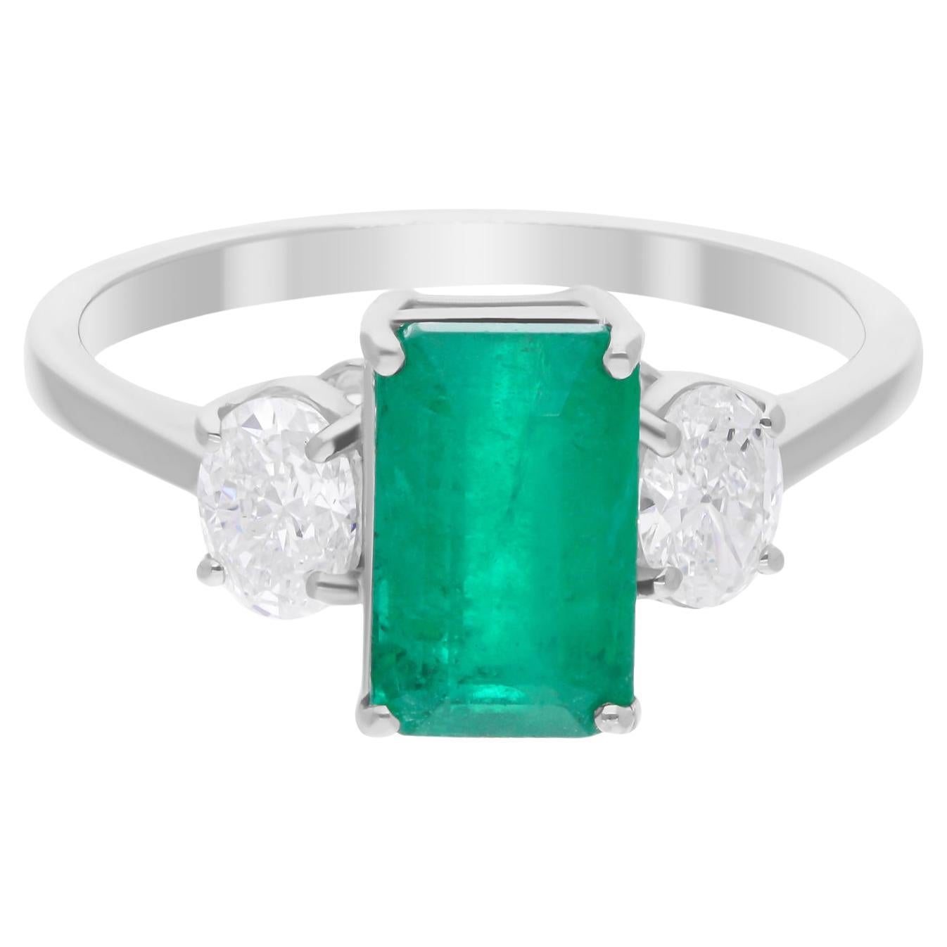 Zambian Emerald Gemstone Ring SI/H Diamond 14 Karat White Gold Handmade Jewelry