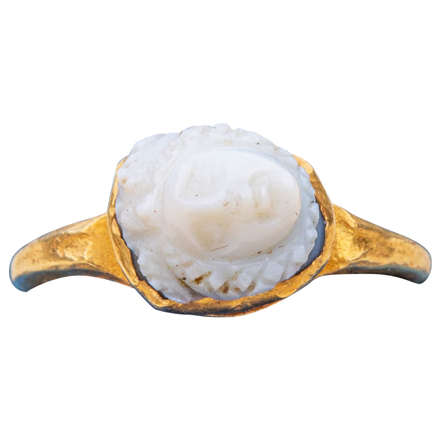Small Ancient Roman Medusa Carved Cameo Gold Ring 2nd Century Gem Carving