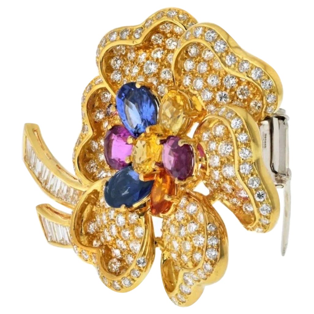 18K Yellow Gold Diamond Multicolor Sapphire Flower Brooch/pin by Designer Adler For Sale