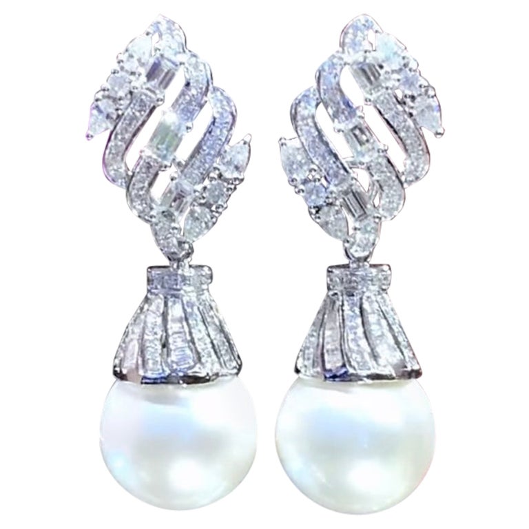 GIT Certified South Sea Pearls  4.00 Ct Diamonds 18k Gold Earrings