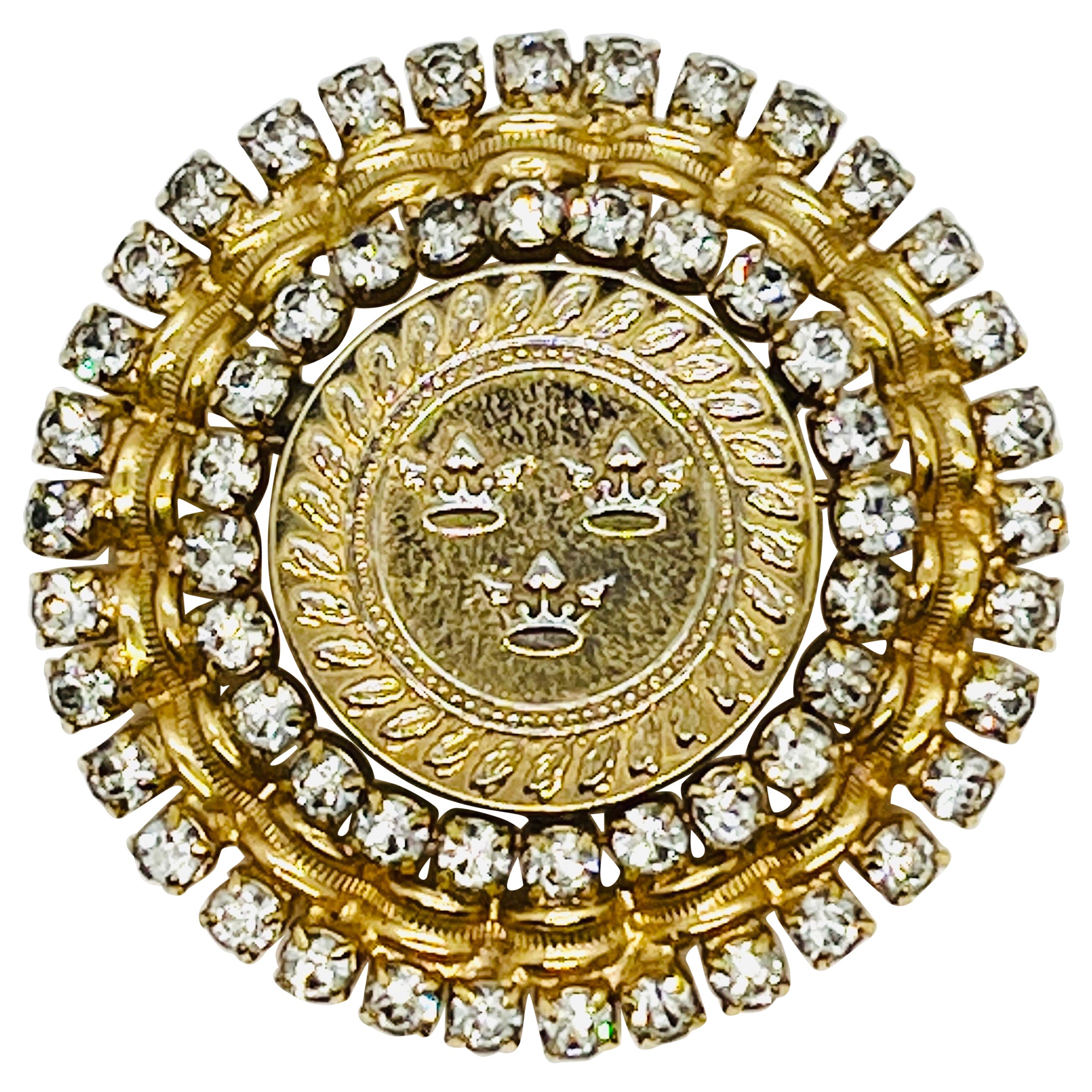 Castlecliff Triple Crown Coin Brooch, Brilliant Cut Crystal Halo Setting For Sale