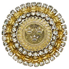 Castlecliff Triple Crown Coin Brooch, Brilliant Cut Crystal Halo Setting