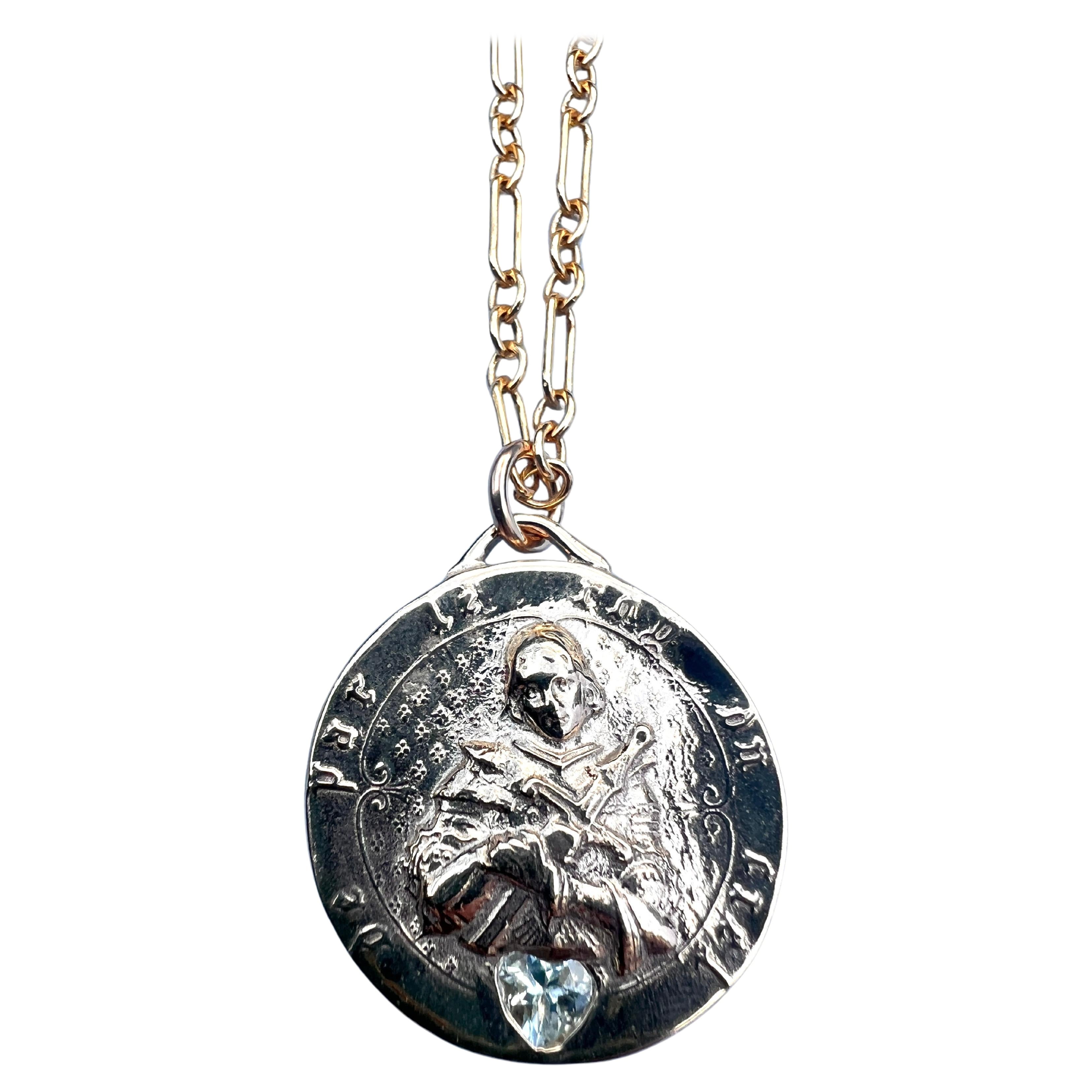 Joan of Arc Medal Aquamarine Heart Chain Necklace For Sale