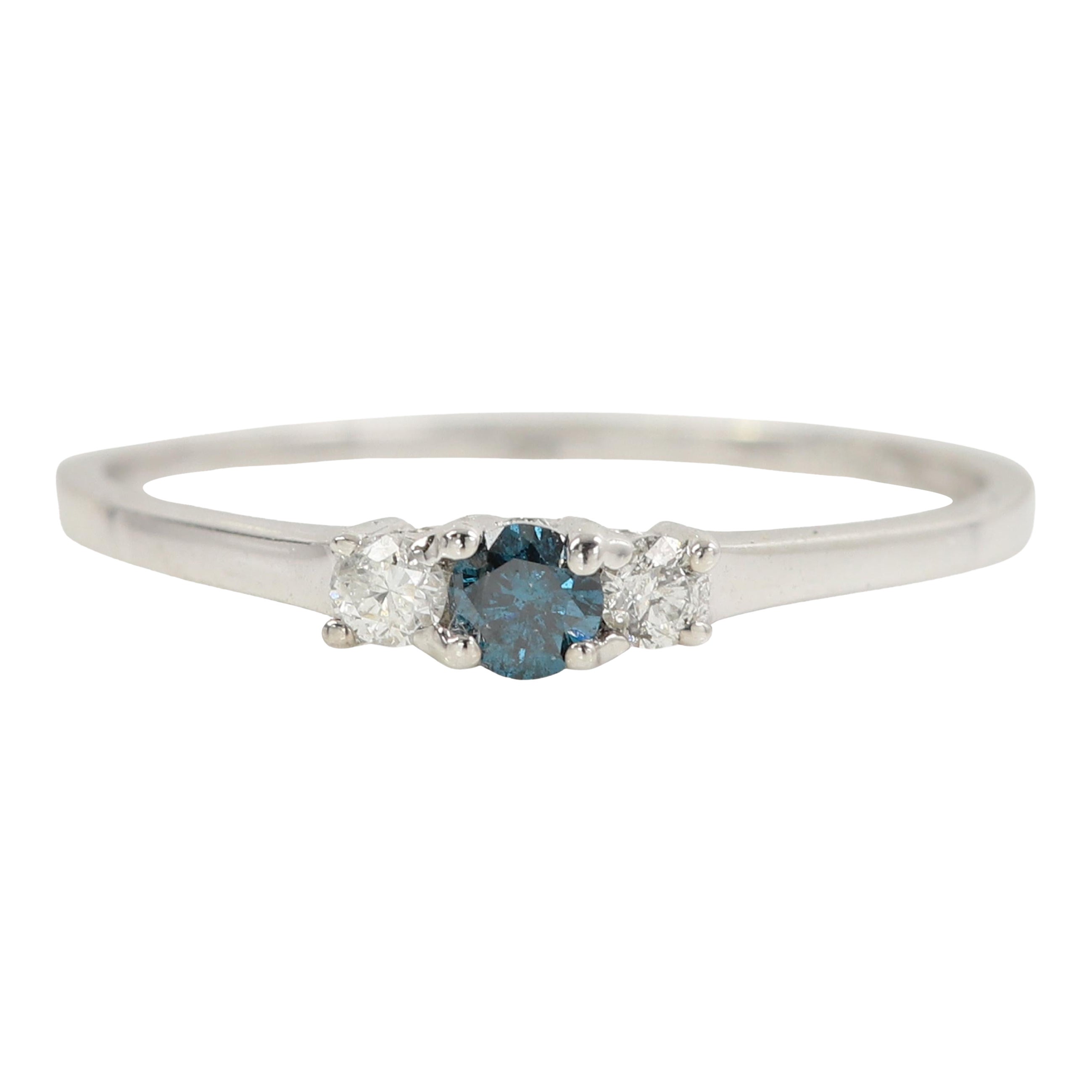 Three Stone Diamond Ring 14 karat White Gold Blue and White Diamonds Thin Ring