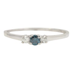 Three Stone Diamond Ring 14 karat White Gold Blue and White Diamonds Thin Ring