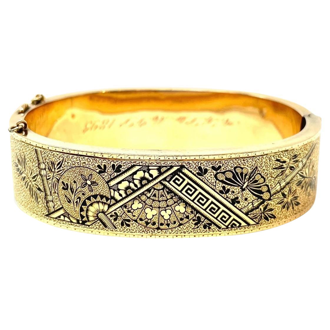 Antique American 14K Gold and Enamel "Old New Orleans" Bangle