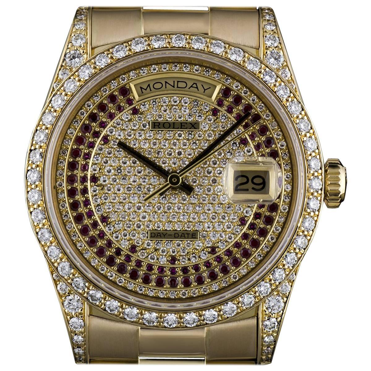 Rolex Yellow Gold Pave Diamond Ruby Dial Day Date automatic Wristwatch