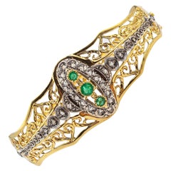 Art Deco Style Handcrafted White Rose Cut Diamond Emerald Yellow Gold Bracelet