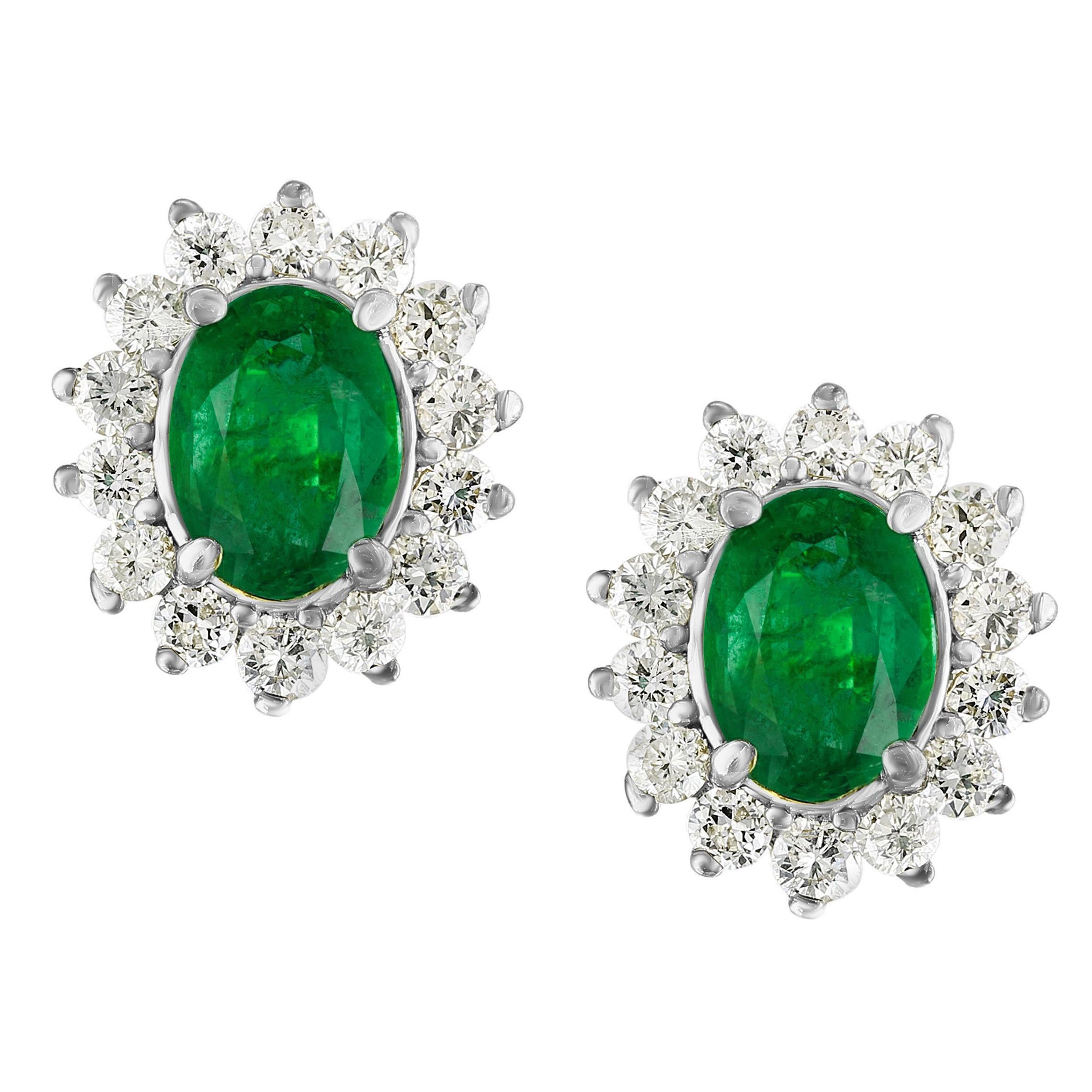 8 Carat Oval Shape Emerald and Diamond Post Back Earrings 14 Karat White Gold