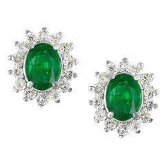 8 Carat Oval Shape Emerald and Diamond Post Back Earrings 14 Karat White Gold