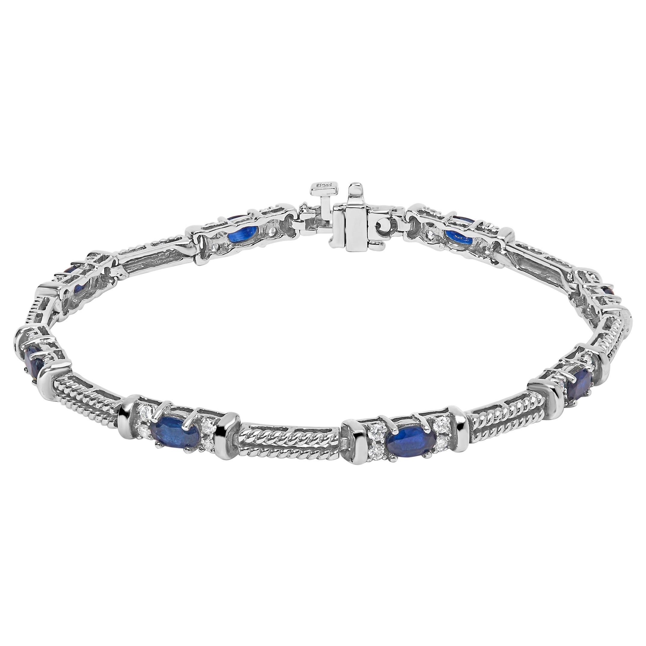 14K White Gold 1/2 Cttw Diamond & Oval Blue Sapphire Braided Link Bracelet
