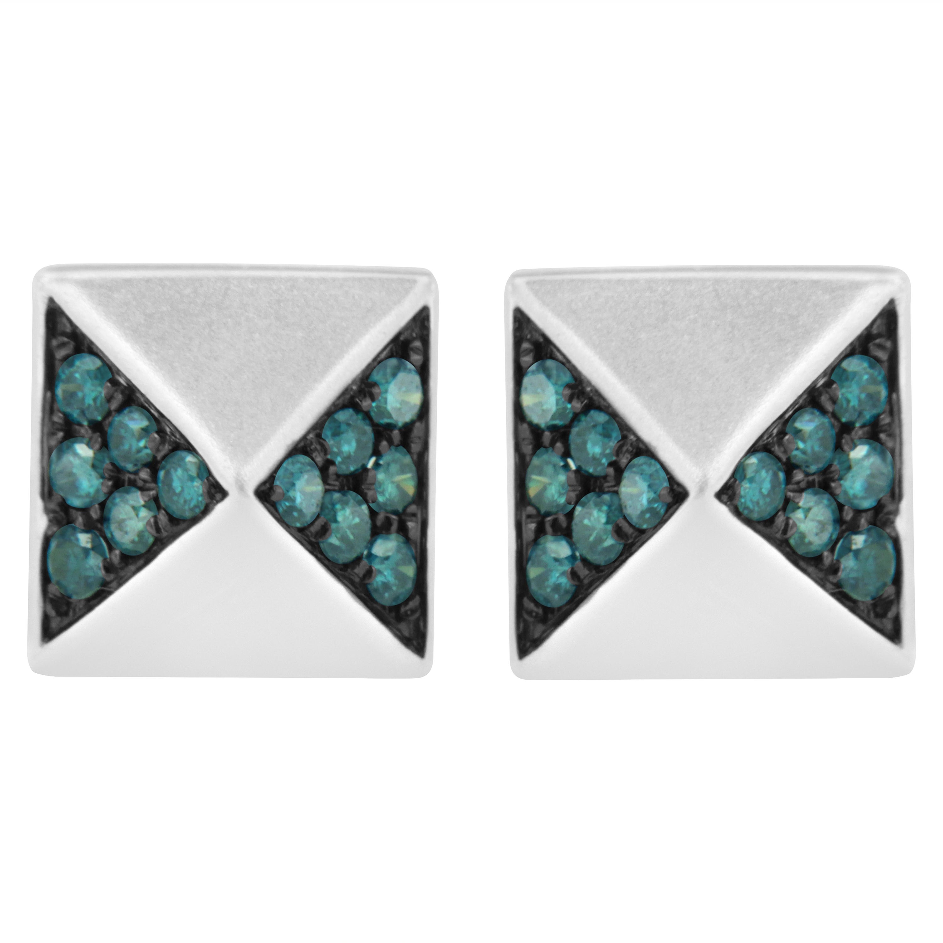 14K White Gold 1/4 Cttw Treated Blue Diamond Pyramid Stud Earring