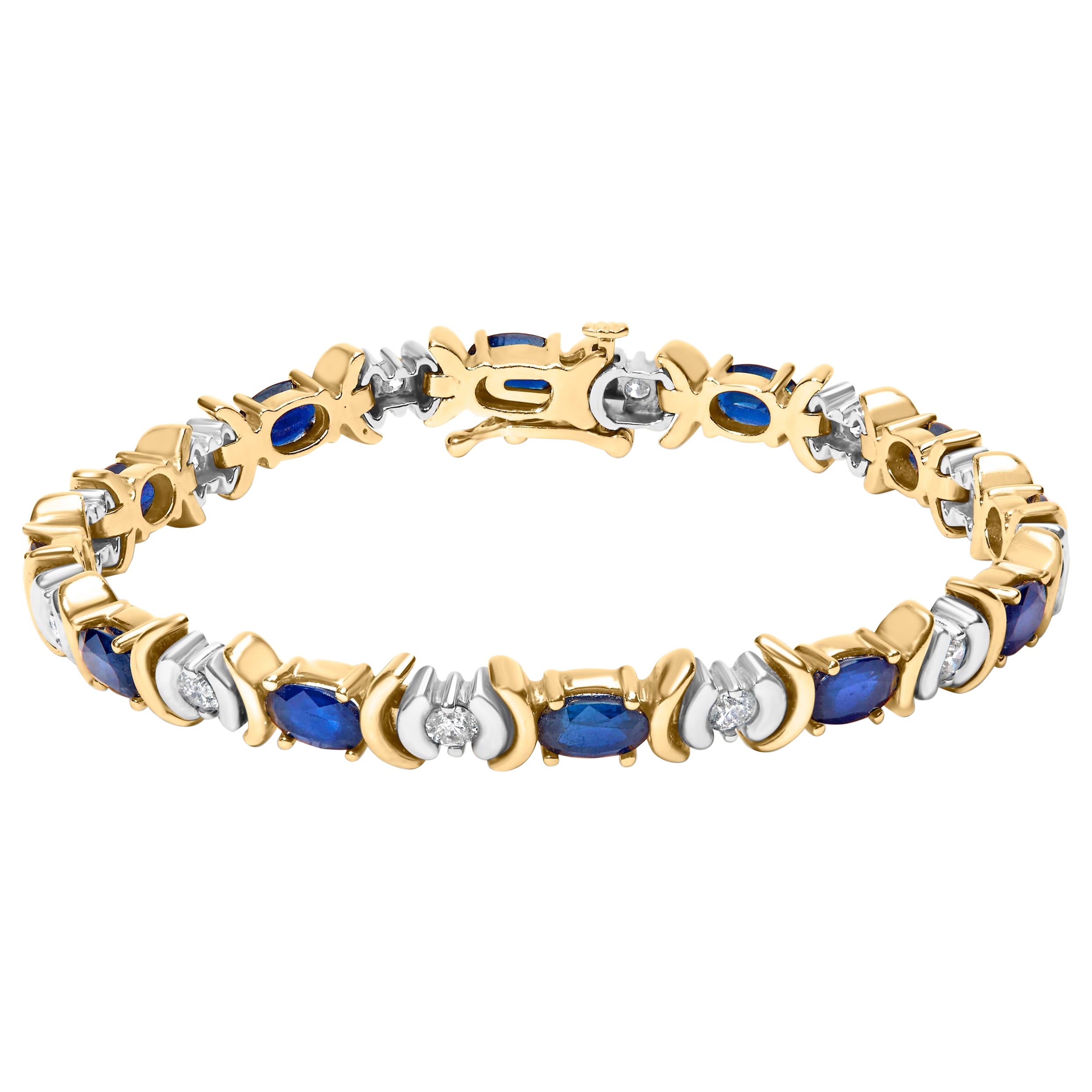 14K Yellow Gold 1.0 Cttw Diamond and 6 1/2 Cttw Oval Blue Sapphire Link Bracelet