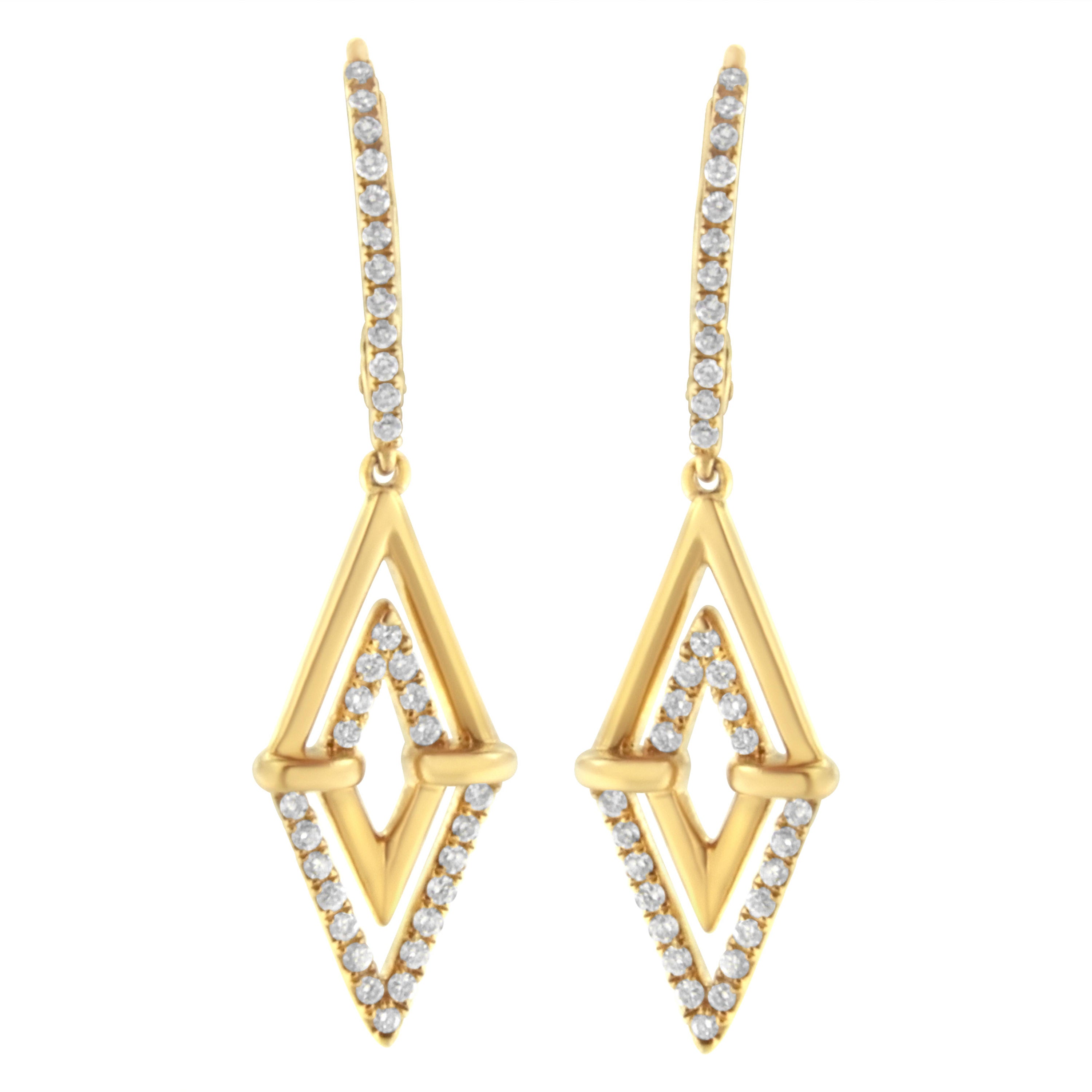 14K Yellow Gold 3/8 Cttw Double Triangle Drop and Dangle Diamond Earrings