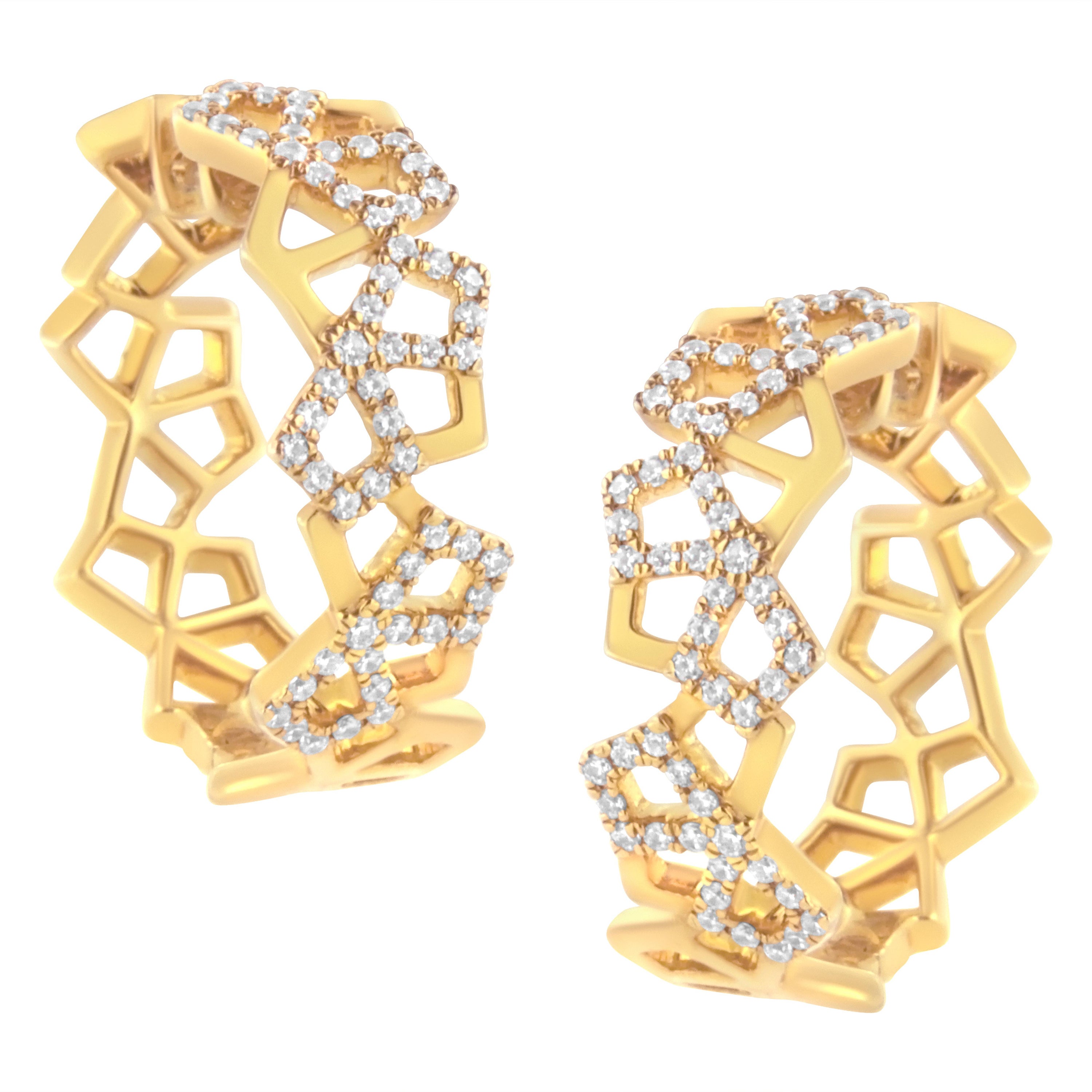 14K Yellow Gold 3/4 Cttw Diamond Honeycomb Hoop Earrings