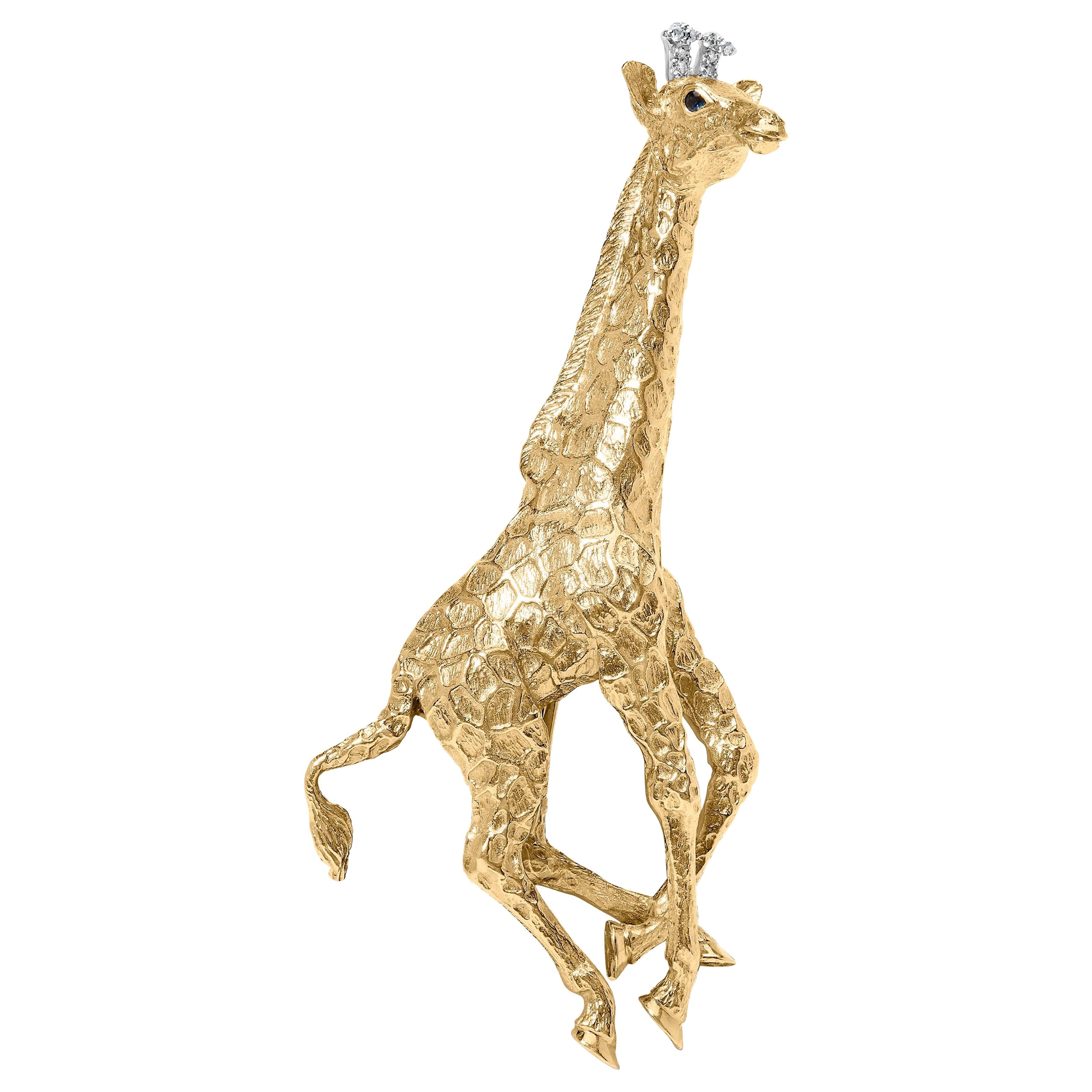18K Yellow Gold Diamond Accent and Blue Sapphire Giraffe Pin Brooch