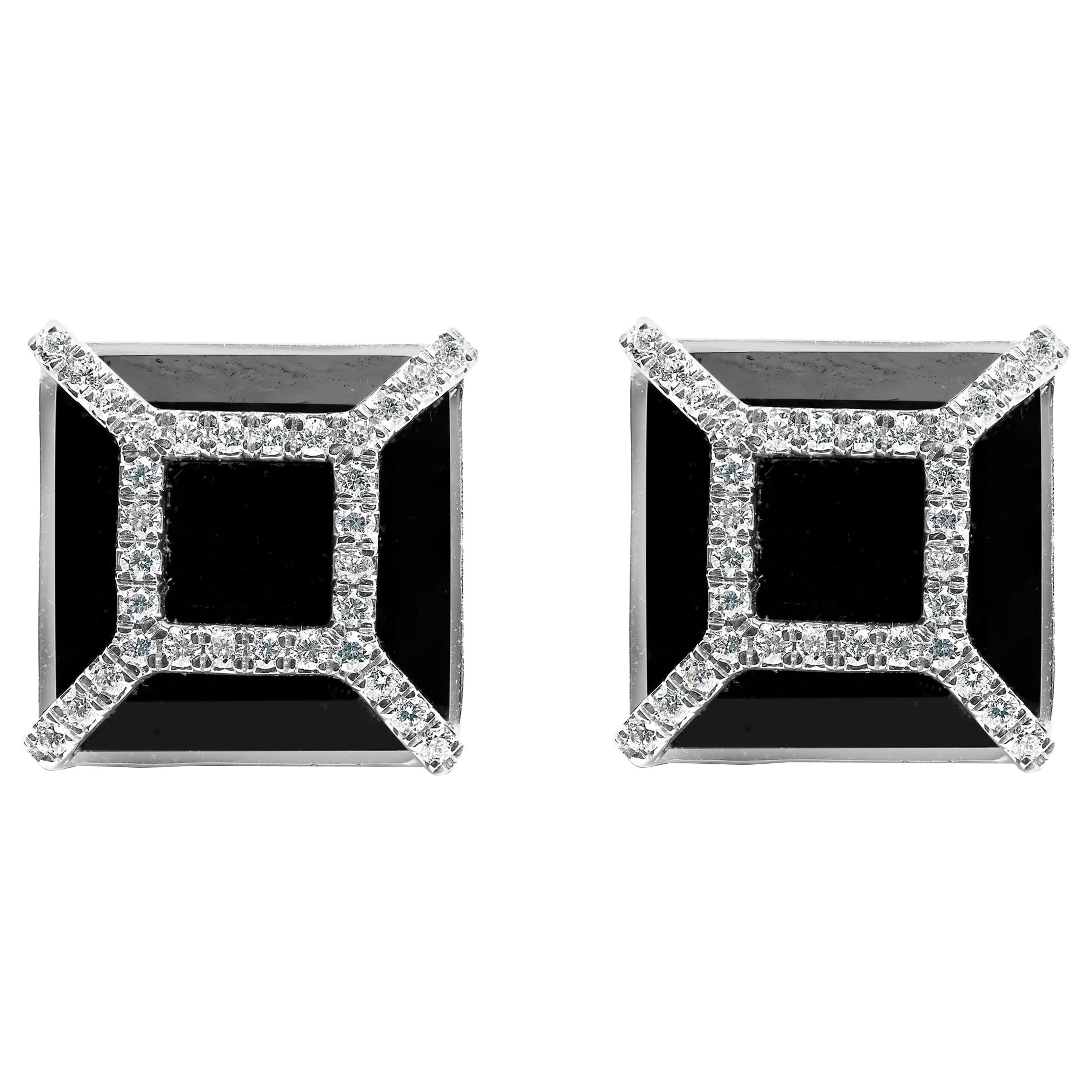 14K White Gold 3/8ct Diamond with 11x11MM Black Onyx Stud Earrings