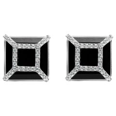 14K White Gold 3/8ct Diamond with 11x11MM Black Onyx Stud Earrings