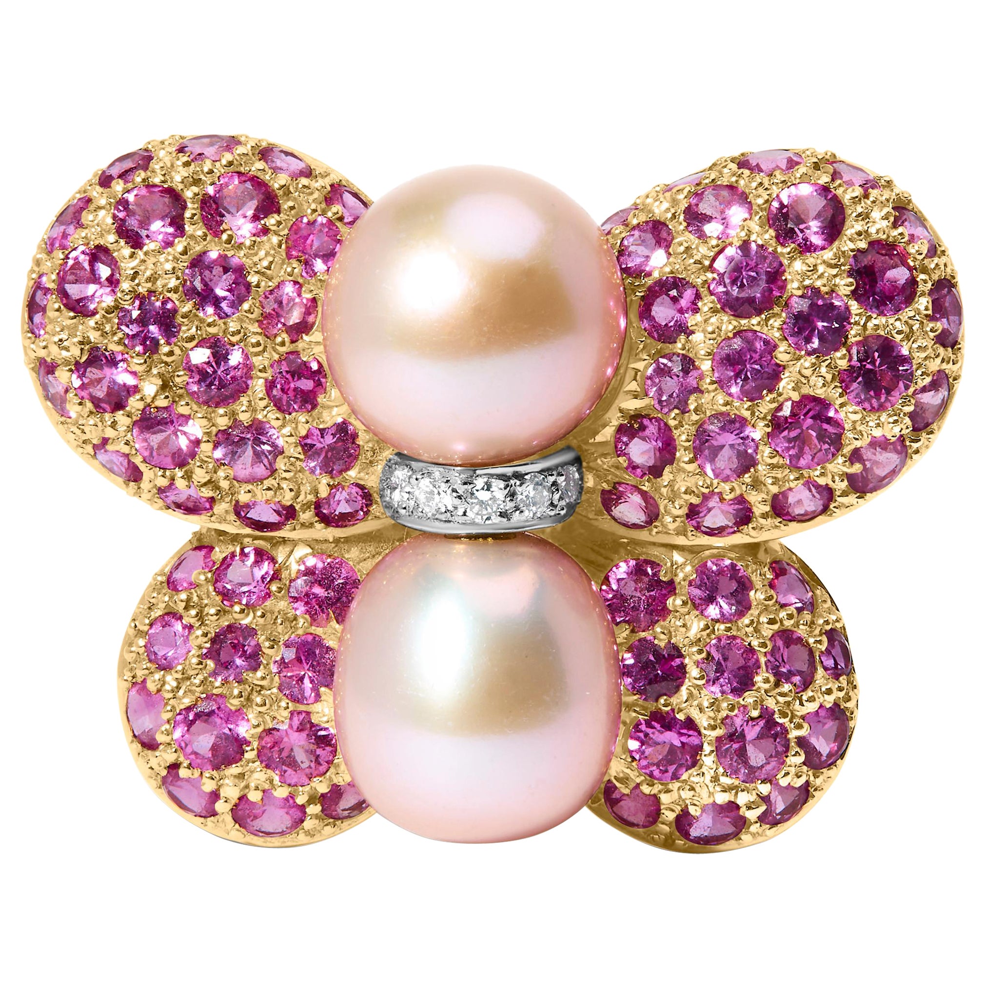 18K Two-Tone Gold Pearl, Sapphire Butterfly Pin Brooch with Diamond Accent