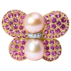 18K Two-Tone Gold Pearl, Sapphire Butterfly Pin Brooch with Diamond Accent