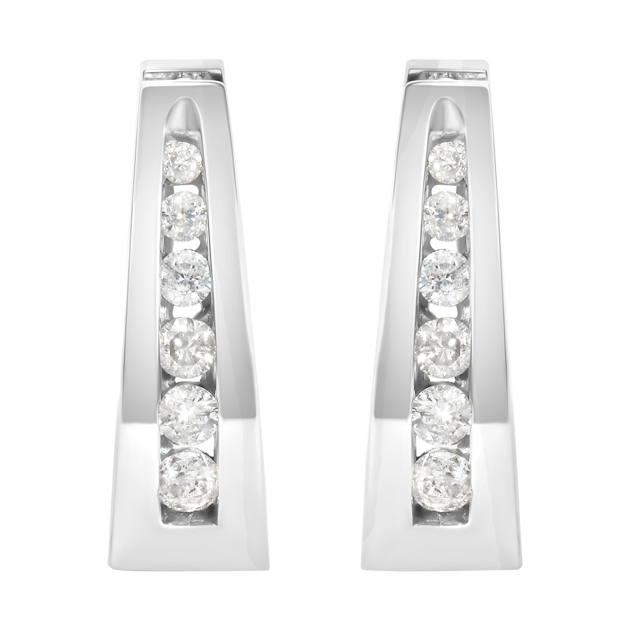 14K White Gold 1/4 Cttw Channel-Set Brilliant Round-Cut Diamond Hoop Earrings