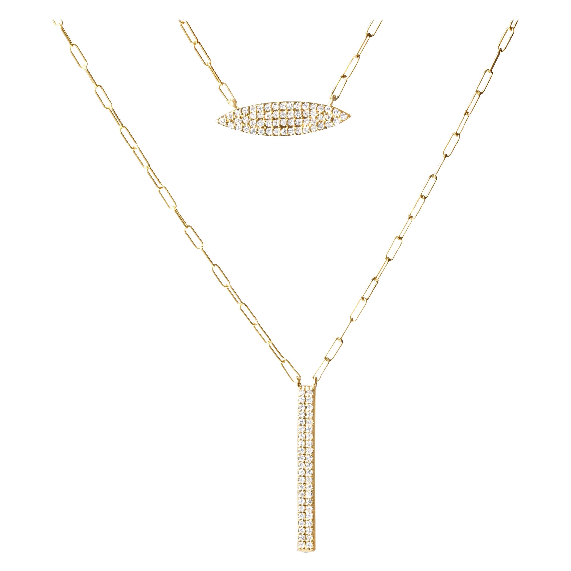 Collier en or jaune 14K à breloques en forme de trombones à deux brins et à barres, 3/8ct en vente