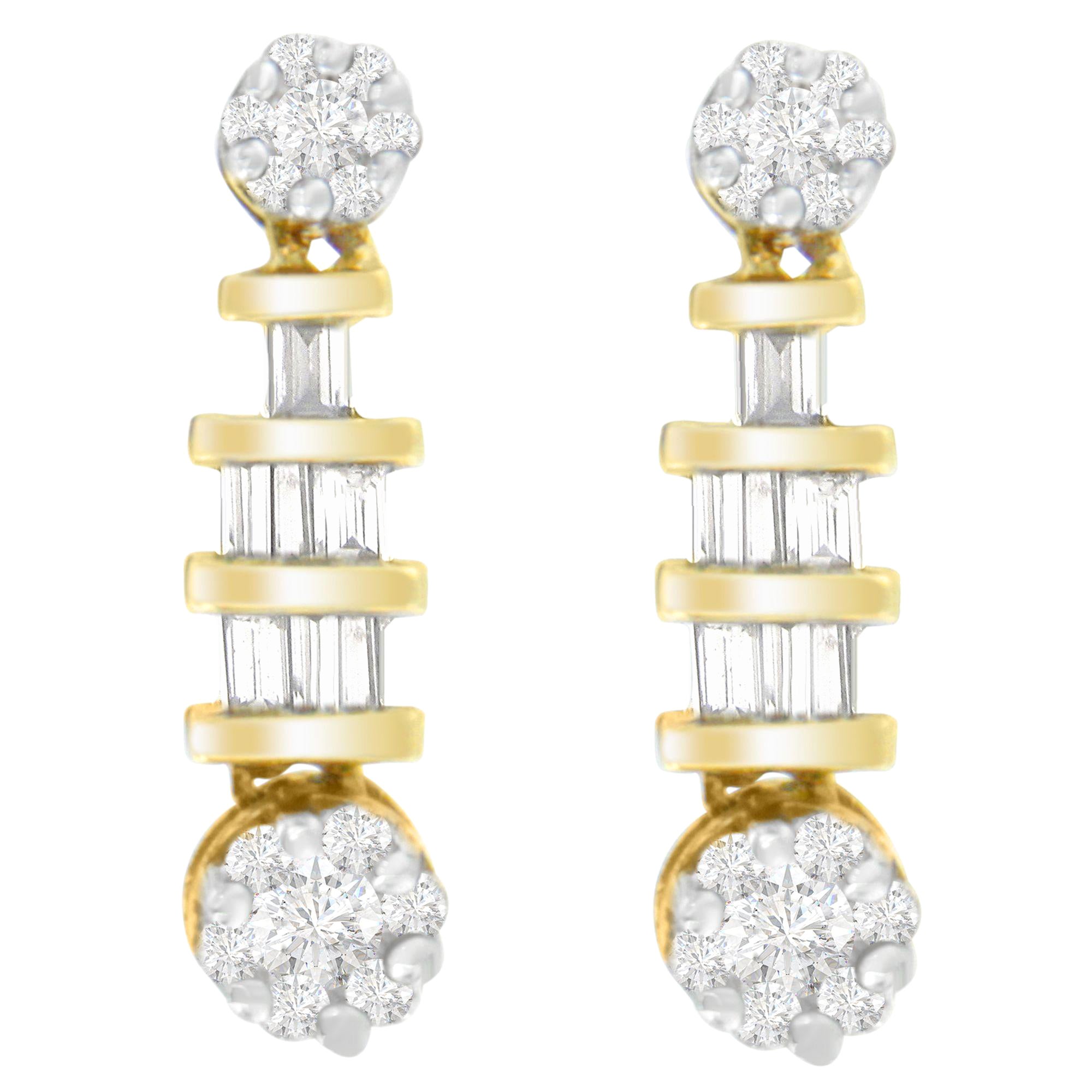 14K Yellow Gold 3/4 Cttw Round and Baguette-cut Diamond Earrings For Sale