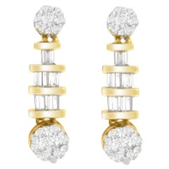 14K Yellow Gold 3/4 Cttw Round and Baguette-cut Diamond Earrings