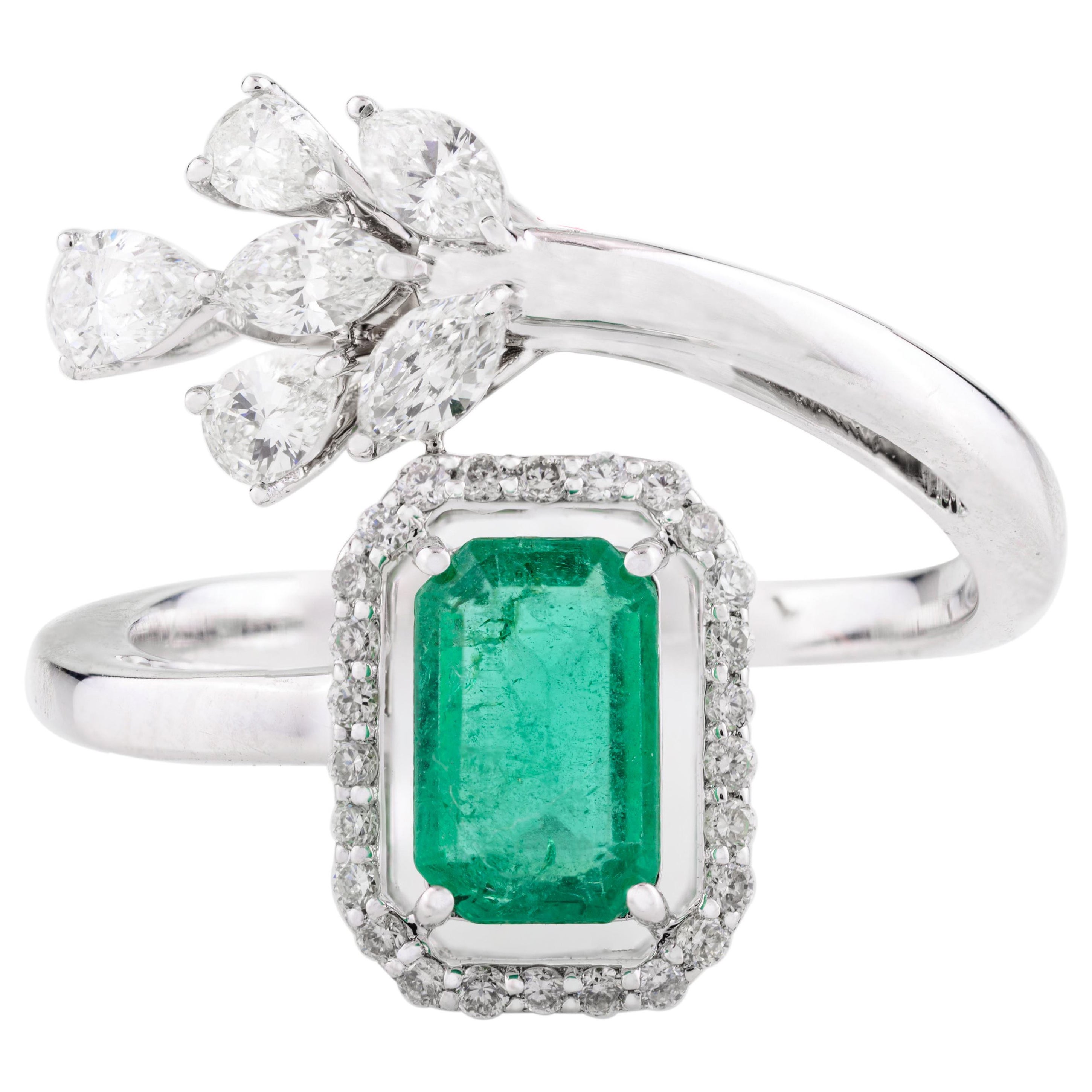 Genuine Fine Emerald Diamond Engagement Bypass Ring in 18k Solid White Gold