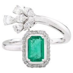Genuine Fine Emerald Diamond Engagement Bypass Ring in 18k Solid White Gold