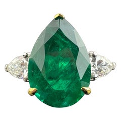 9.14 Carat Emerald Three Stone Pear Shape and Diamond Ring In 18K Gold