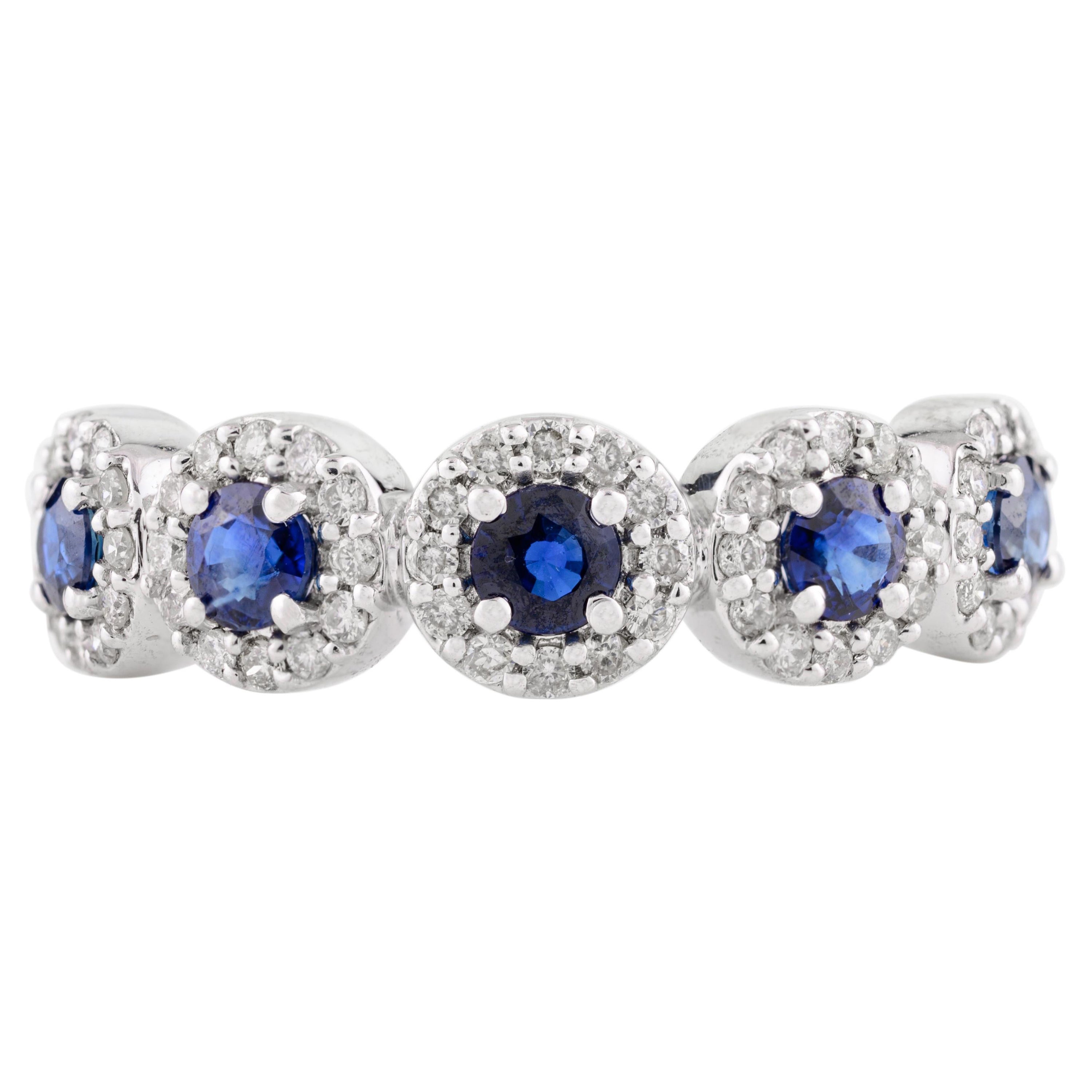 Solid 18k White Gold Five Stone Blue Sapphire Diamond Halo Promise Band Ring