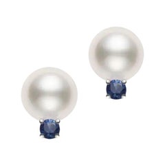 Mikimoto Akoya Cultured Pearl White Gold Earrings With Blue Sapphire PES802SAW